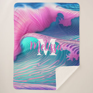Blue and Pink Ocean Waves Monogram Sherpa Blanket
