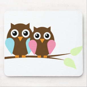 Blue and Pink Owls Couple Mouse Mat