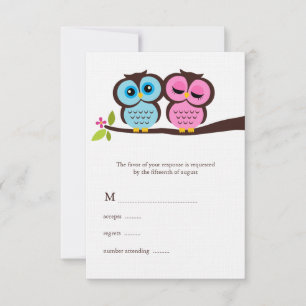 Blue and Pink Owls Wedding RSVP Card