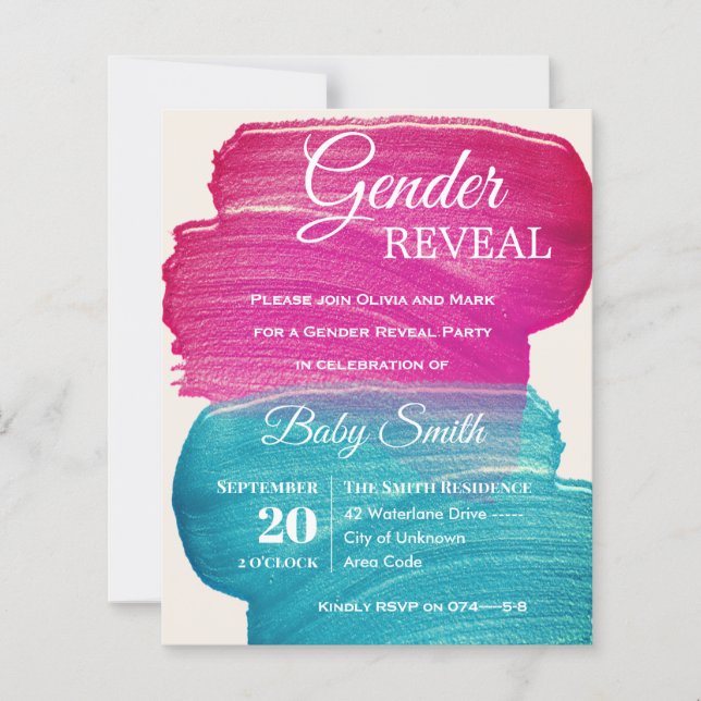 Blue and Pink Paint Smear Gender Reveal Invitation (Front)