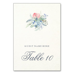Blue and Pink Peonies Wedding Escort Card