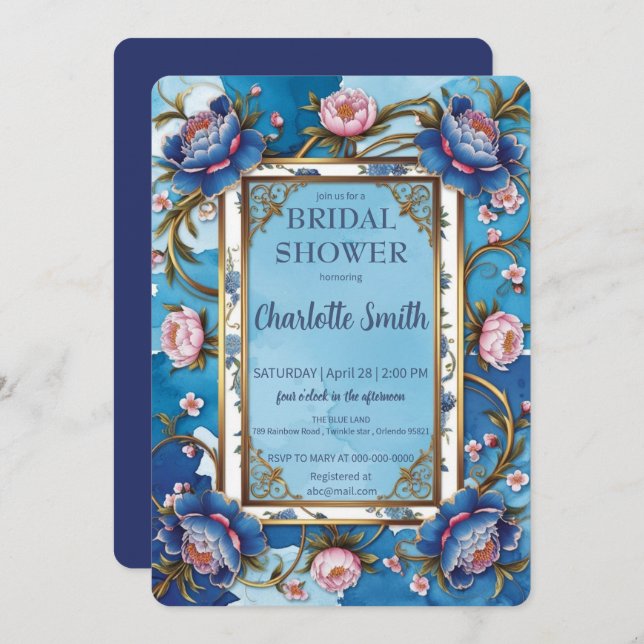 Blue and Pink Peony antique bridal shower Invitation (Front/Back)