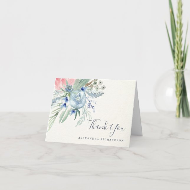 Blue and Pink Peony Baby Shower | Thank You Card (Front)