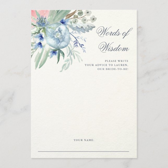 Blue and Pink Peony | Bridal Shower Advice Card (Front)