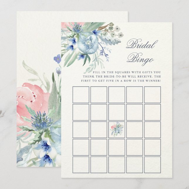 Blue and Pink Peony | Bridal Shower Bingo Game Invitation (Front/Back)