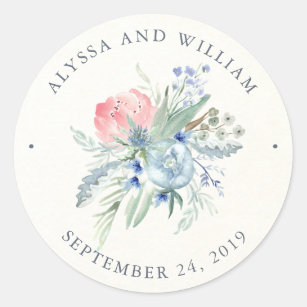 Blue and Pink Peony Watercolor Wedding Classic Round Sticker
