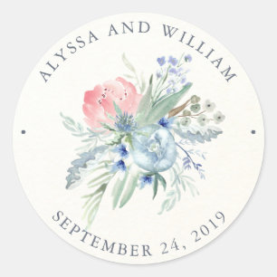 Blue and Pink Peony Watercolor Wedding Classic Round Sticker