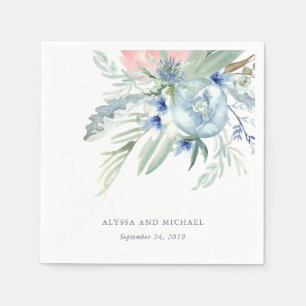 Blue and Pink Peony Watercolor Wedding Napkin