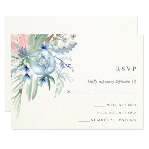 Blue and Pink Peony Watercolor Wedding RSVP Card