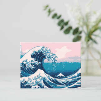 Blue and Pink Pixel Great Wave Postcard