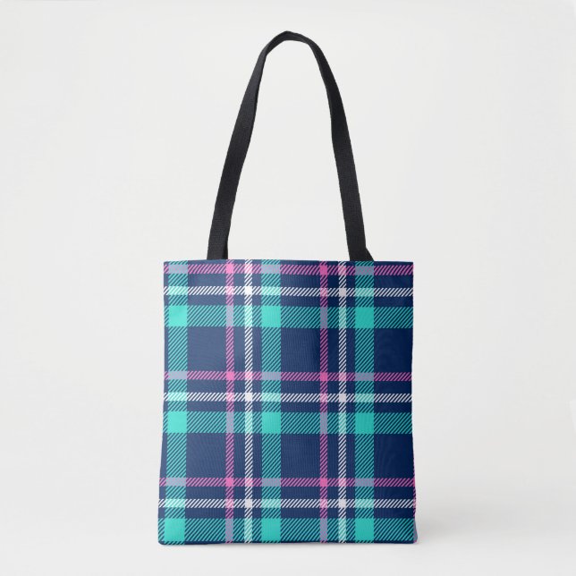 Blue and pink plaid tote bag (Front)