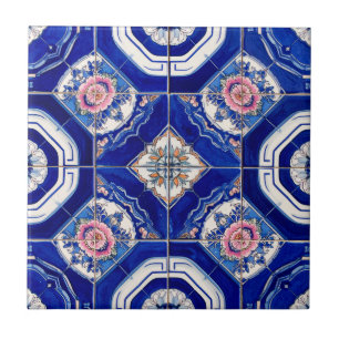 Blue and Pink Portuguese Azulejo Floral Tile