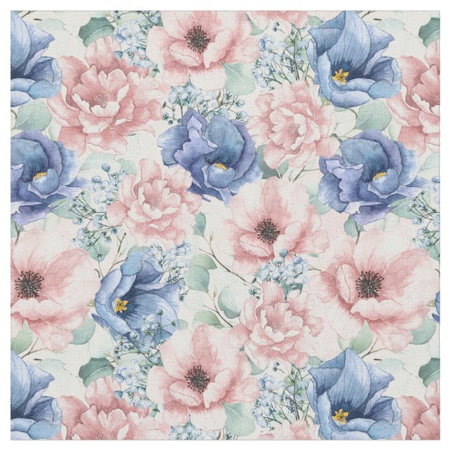 Blue and Pink Roses Fabric (Close Up)