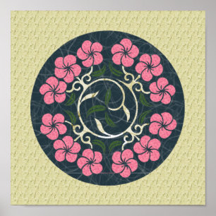 Blue And Pink Round Floral Art Design  Poster