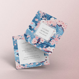 Blue And Pink Sakura Flowers Square Business Card