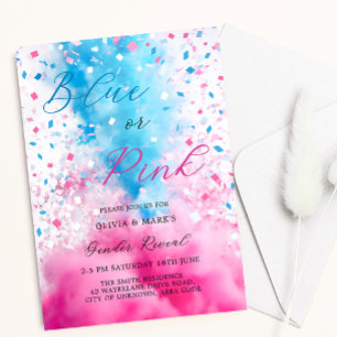 Blue and Pink Smoke and Confetti Gender Reveal Invitation