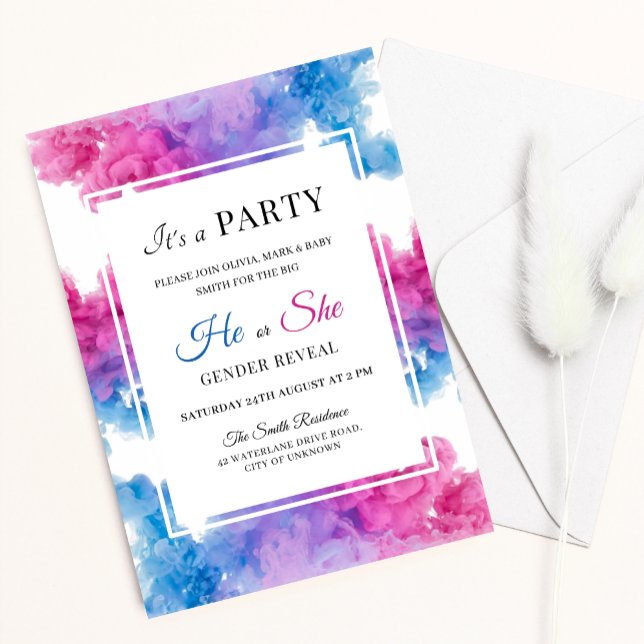 Blue and Pink Smoke Bomb Baby Gender Reveal Party Invitation (Creator Uploaded)