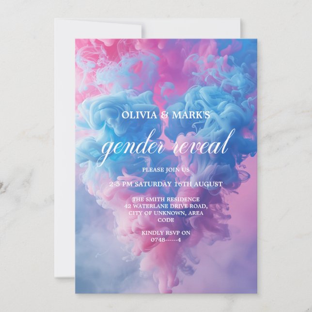 Blue and Pink Smoke Heart Gender Reveal Party Invitation (Front)