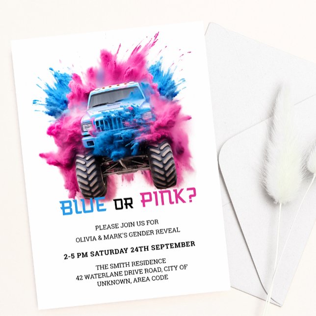 Blue and Pink Smoke Truck Car Baby Gender Reveal Invitation (Creator Uploaded)