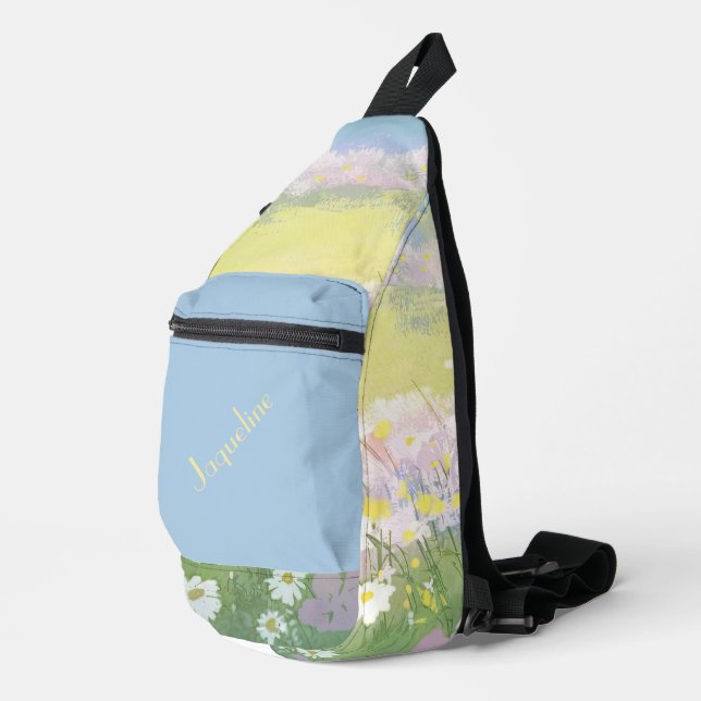 Blue and Pink Spring Meadows Background Sling Bag (Right Corner)