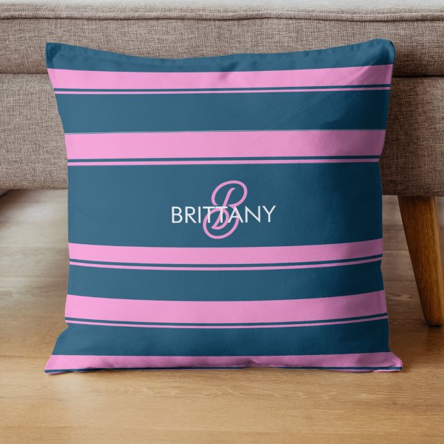 Blue and Pink  Stripes Pattern Monogram Cushion (Creator Uploaded)