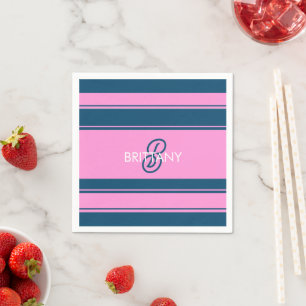 Blue and Pink  Stripes Pattern Monogram Napkin