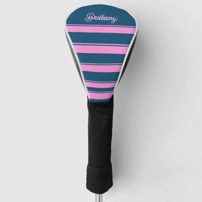 Blue and Pink  Stripes Pattern Personalised  Golf Head Cover (Front)