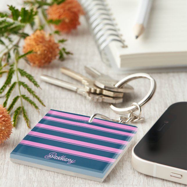 Blue and Pink  Stripes Pattern Personalised  Key Ring (Front Right)