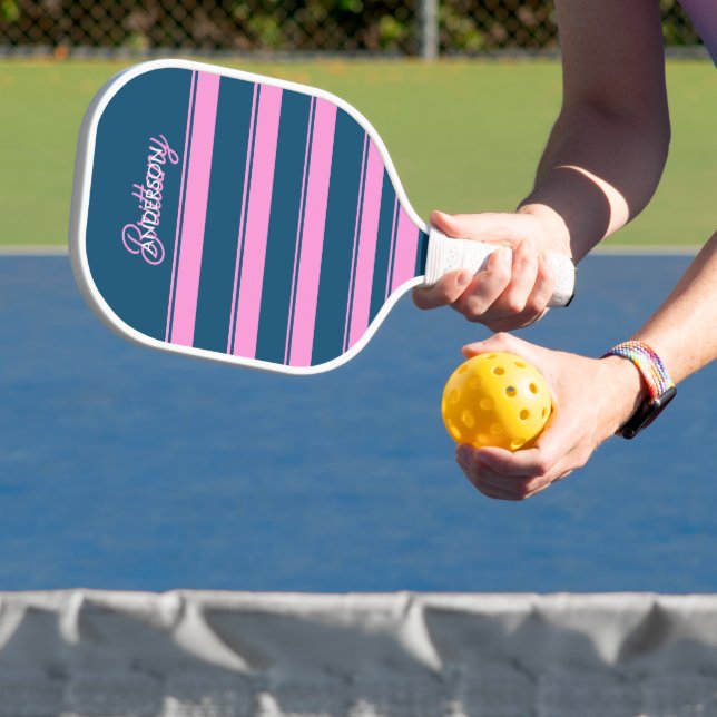 Blue and Pink  Stripes Pattern Personalised  Pickleball Paddle (Insitu)