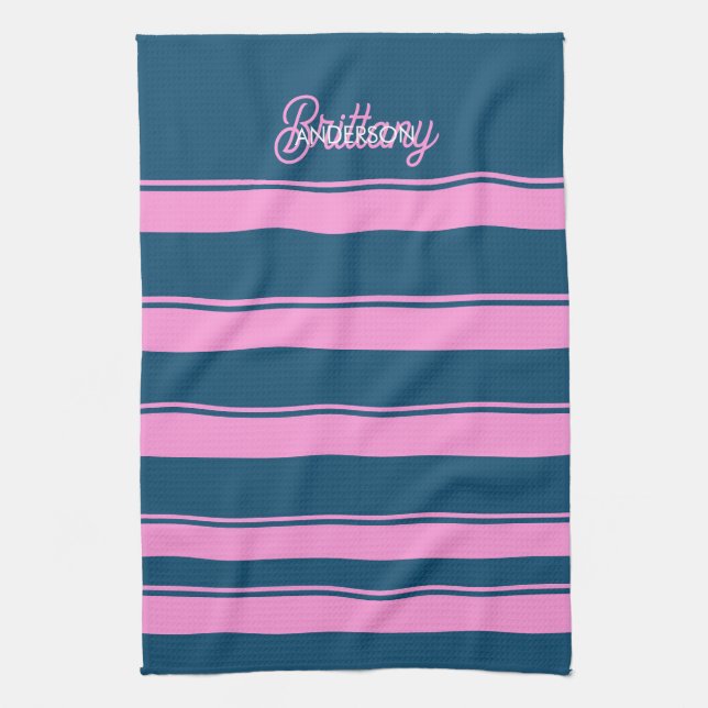 Blue and Pink  Stripes Pattern Personalised  Tea Towel (Vertical)