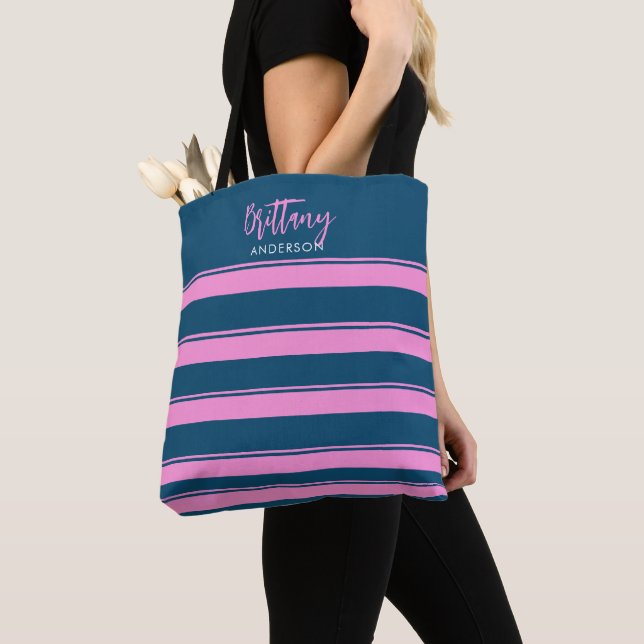Blue and Pink  Stripes Pattern Personalised  Tote Bag (Close Up)