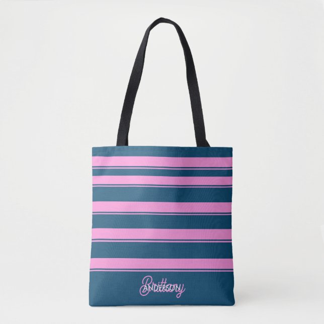 Blue and Pink  Stripes Pattern Personalised  Tote Bag (Front)
