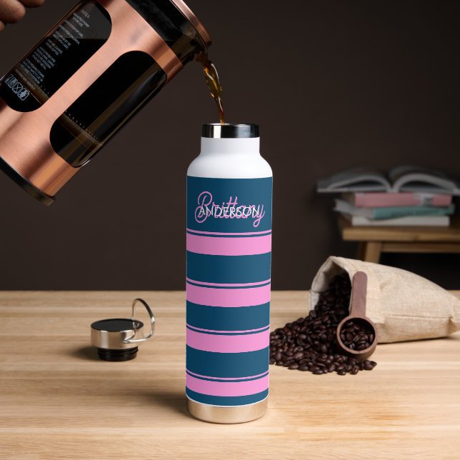 Blue and Pink  Stripes Pattern Personalised  Water Bottle (Coffee)