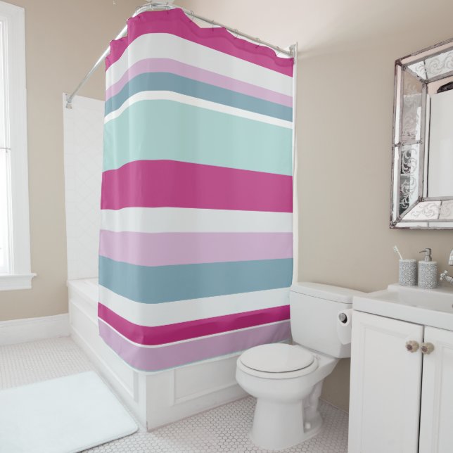 Blue and pink stripes shower curtain (In Situ)