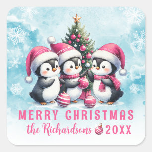 Blue and Pink Three Fun Penguins Merry Christmas Square Sticker
