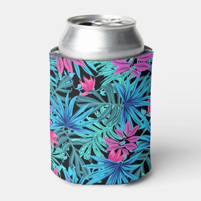 Blue and Pink Tropical Leaves Can Cooler (Can Front)