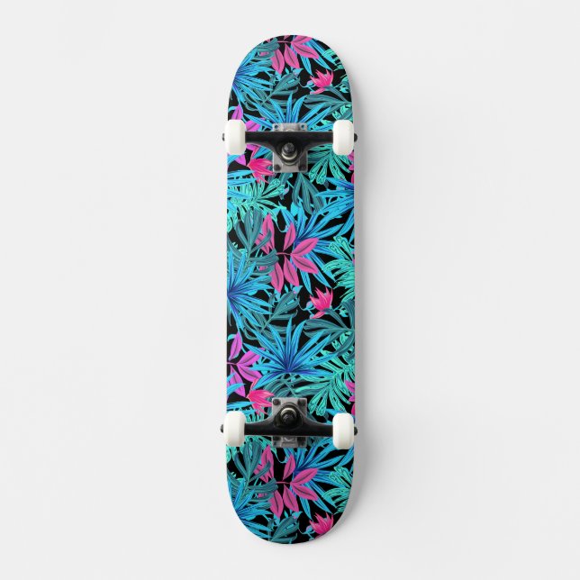 Blue and Pink Tropical Leaves Skateboard (Front)