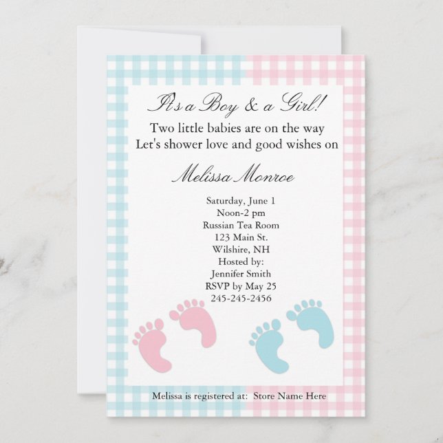 Blue and Pink Twins Shower Invitation (Front)
