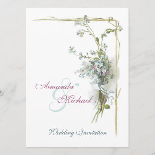 Blue and pink vintage flowers wedding invitation