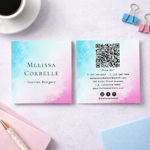 Blue and Pink Watercolor Abstract Paint QR Code Square Business Card