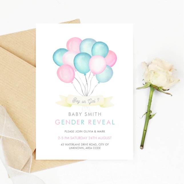 Blue and pink watercolor balloons Gender Reveal In Invitation (Creator Uploaded)