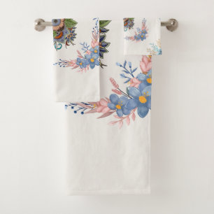 Blue and Pink Watercolor Floral Art Bath Towel Set
