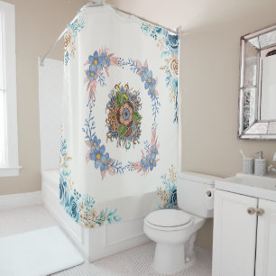 Blue and Pink Watercolor Floral Art Shower Curtain