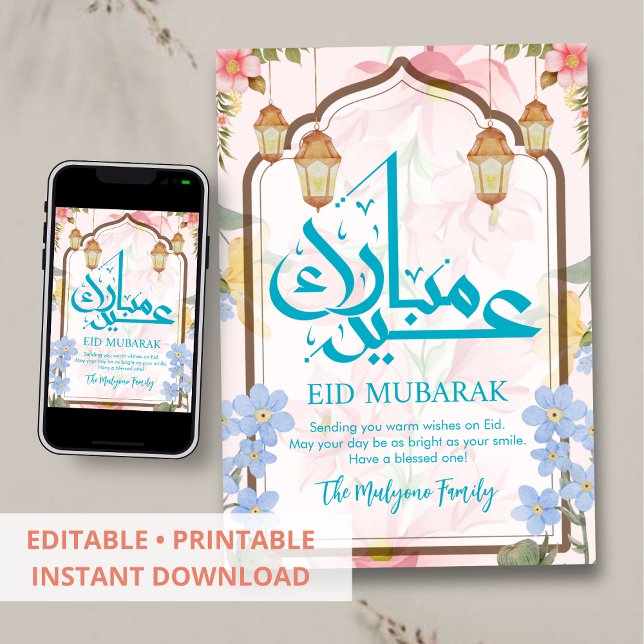 Blue and Pink Watercolor Floral Eid Mubarak Card (Creator Uploaded)