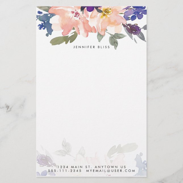 Blue and pink watercolor floral personalised  stationery (Front)