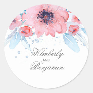 Blue and Pink Watercolor Flowers Elegant Wedding Classic Round Sticker