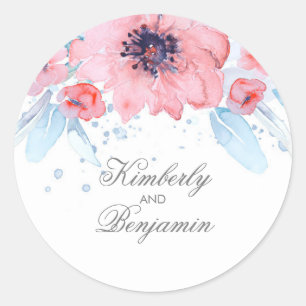 Blue and Pink Watercolor Flowers Elegant Wedding Classic Round Sticker