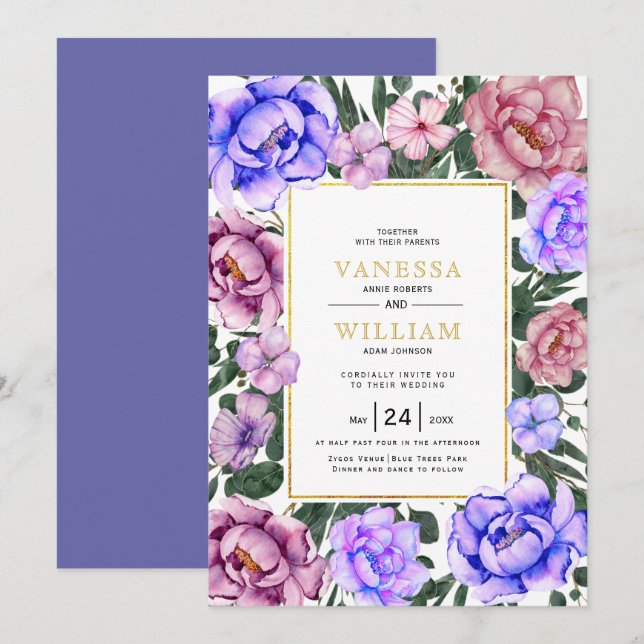 Blue and pink watercolor flowers wedding invitatio invitation (Front/Back)