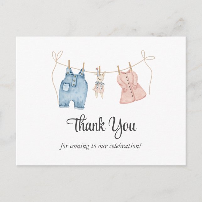 Blue and Pink Watercolor Gender Reveal Thank You Postcard (Front)