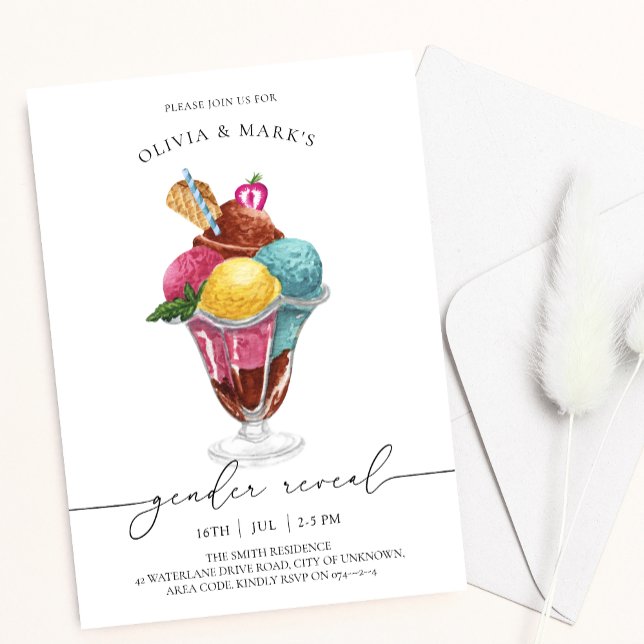 Blue and Pink Watercolor Ice Cream Gender Reveal Invitation (Creator Uploaded)